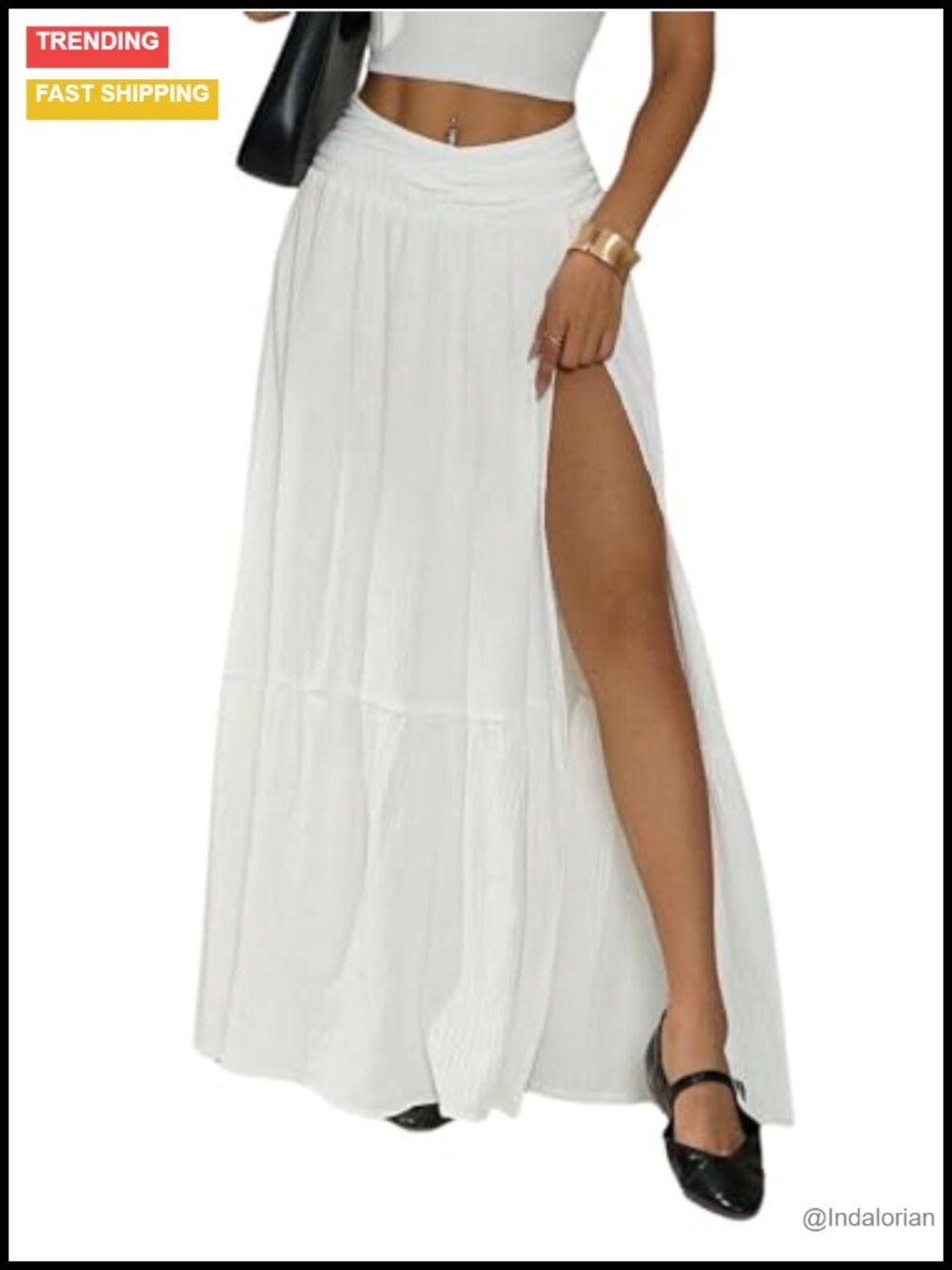 High Waist Split Thigh Ruffle Hem Maxi Skirt Flowy Beach Vacation